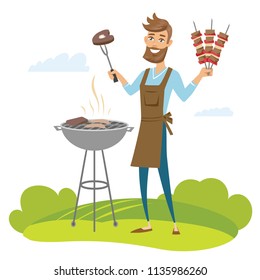 Happy man grilling meat on barbecue grill and holding skewers. Vector  illustration isolated.