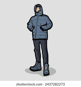 Happy man guy boy winter jacket hoodie pants shoes man boy with smiling grey Background vector modern illustration