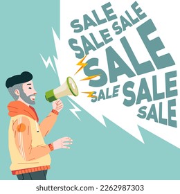 Happy man guy holding megaphone shouting loud calls customers announcing sale Promotion advertising concept