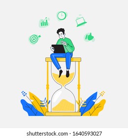 Happy man or guy sitting on hourglass and working on his tablet, business and management icons on background. Time management, multitasking and deadline concept, vector illustration