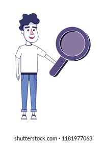 happy man with hairstyle and magnifying glasses