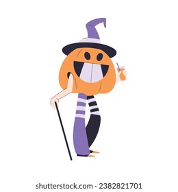 Hombre feliz en la fiesta de Halloween de pie con vestimenta de linterna de Jack con cabeza de calabaza en una ilustración de sombreros vectores