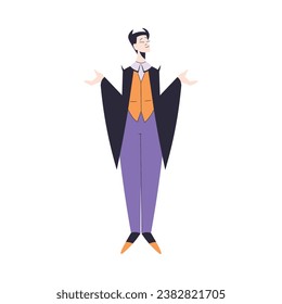 Happy Man at Halloween Party Standing in Dracula Costume with Horns on Head Vector Illustration