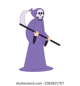 Happy Man at Halloween Party Standing in Death Costume with Scythe Vector Illustration