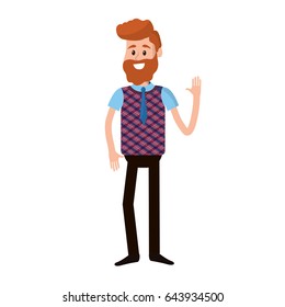 happy man with hand up and beard