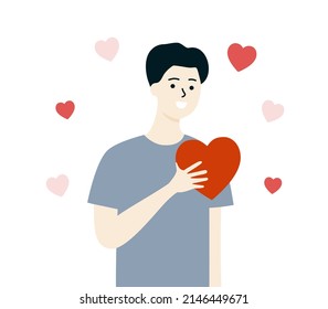 Happy man hand holding red heart. Romance, dating, relationship, valentine, marriage, love, happiness. Flat character vector design illustration with red and pink hearts background.
