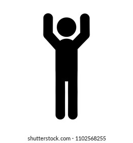 Happy man with hands up vector icon, isolated on white background