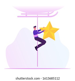 Happy Man Hanging on Rope with Golden Star in Hands Going Down from Helicopter. Customer Feedback, Ranking Evaluation Concept. Client Vote in Internet, Satisfaction. Cartoon Flat Vector Illustration