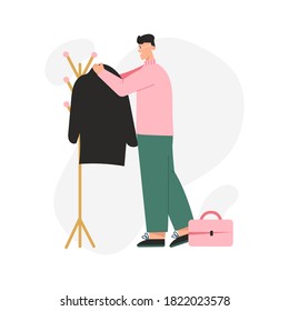 Happy man hangs his coat on outerwear rack. Businessman with briefcase going to work or returning home, getting dressed or undressed. Vector character illustration of everyday routine, daily life