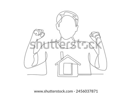 Happy man has bought a new house. Buy a new house concept one-line drawing