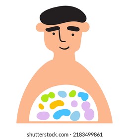 Happy man has good gut microbiota. Flat vector illustration.