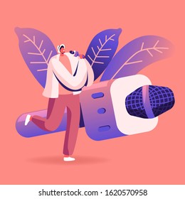 Happy Man Having Fun Singing at Karaoke Bar or Night Club. Male Character with Great Mood Having Party Performing Song. Weekend Leisure, Birthday or Event Celebration. Cartoon Flat Vector Illustration