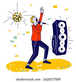 Happy Man Having Fun Singing at Karaoke Bar or Night Club. Male Character with Great Mood Having Party Performing Song at Birthday or Event Celebration. Cartoon Flat Vector Illustration, Line Art