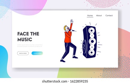 Happy Man Having Fun Singing at Karaoke Bar or Night Club Website Landing Page. Male Character Perform Song at Birthday or Event Celebration Web Page Banner. Cartoon Flat Vector Illustration, Line Art