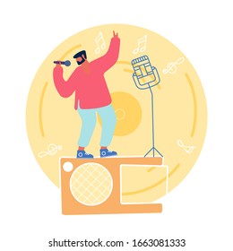 Happy Man Having Fun Singing at Karaoke Bar or Night Club. Male Character Having Party Perform Song at Birthday or Event Celebration, Sing Hobby Cartoon Flat Vector Illustration, Line Art, Round Icon