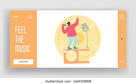 Happy Man Having Fun Singing at Karaoke Bar or Night Club Landing Page Template. Male Character Having Party Perform Song at Birthday or Event Celebration, Sing Hobby. Cartoon Vector Illustration