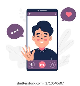 Happy man having video call on smartphone vector illustration