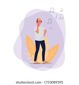 Happy man in headphones listening to music and smiling - cartoon male teenager holding headphone and standing. Flat isolated vector illustration on white background
