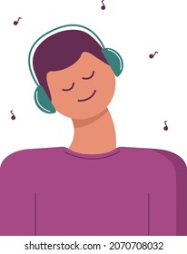 happy man with headphones listening to music with closed eyes, around the signs of the notes