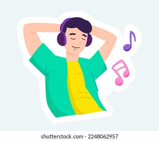 Happy man in headphones listening to music. Stay at home. Vector illustration in cartoon sticker design