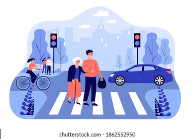 Happy man helping old woman crossing city street isolated flat vector illustration. Cartoon characters walking on road crosswalk. Urban lifestyle and traffic concept