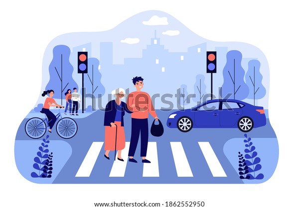 Happy man helping old woman\
crossing city street isolated flat vector illustration. Cartoon\
characters walking on road crosswalk. Urban lifestyle and traffic\
concept