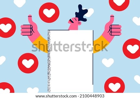Happy man hidden behind blank empty copy space banner or placard show thumb up recommend good sale deal or offer. Smiling client give recommendation and positive feedback. Vector illustration. 
