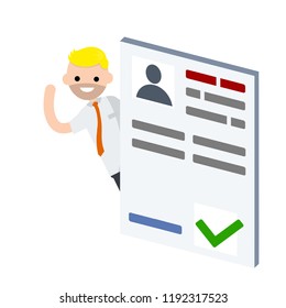 A happy man was hired. A green-signed document file. Good resume. A successful office worker and a promotion. Guy waves hand
