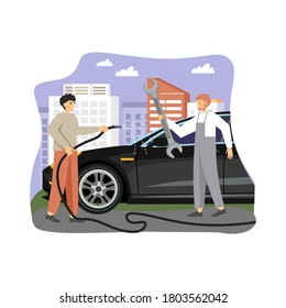 Happy man and his car, flat vector illustration. Car owner and driver male character fixing, washing his auto with water hose. People and cars concept.