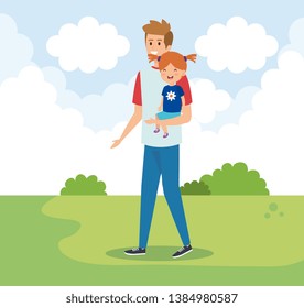 happy man with his daughter child and bushes