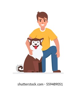 Happy man with his dog. Vector illustration.