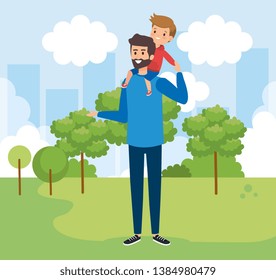 happy man with his son child and trees