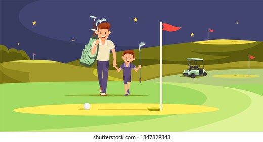 Happy Man with His Son Golfers Walking on Perfect Golf Course at Summer Night. Young Guy and Little Boy Going to Play Golf at Nighty Time Game Session. Family Leisure. Cartoon Flat Vector Illustration