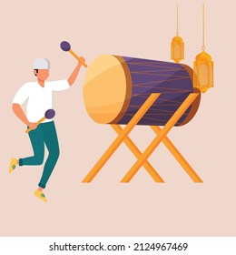Happy man hitting bedug or drum for suhoor and iftar time. Muslim person Calling other people to pray to mosque.  Colored flat cartoon vector illustration.