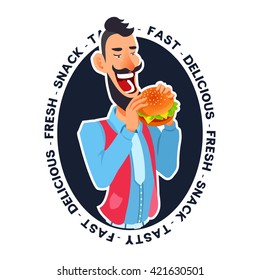 Happy man hold hamburger, ready to bite. Logotype illustration with text. Vector image isolated on white. Modern hipster male with beard and mustache. Logo for cafe, fastfood restaurant, delivery.