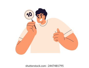 Happy man holding 10 points, rating number card. Satisfied person with positive feedback, evaluating, assessing, ranking with best grade, score. Flat vector illustration isolated on white background