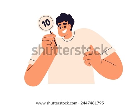 Happy man holding 10 points, rating number card. Satisfied person with positive feedback, evaluating, assessing, ranking with best grade, score. Flat vector illustration isolated on white background