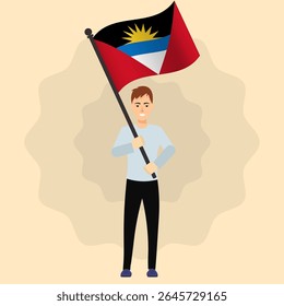 Homem feliz segurando a bandeira de Antígua e Barbuda
