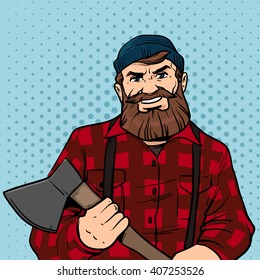 happy man holding the axe, lumberjack label badge, retro style, pop art, vector illustration