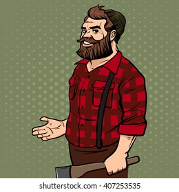 happy man holding the axe, lumberjack label badge, retro style, pop art, vector illustration