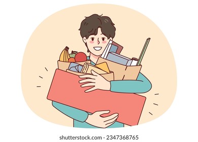 Happy man holding bags with products bought on sale or promotion. Smiling male shopaholic excited with discount offers on black Friday. Shopping concept. Vector illustration.