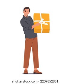 Happy Man Holding Big Gift Box Wrapped with Festive Bow Isolated on White Background. Male Character with Present for Birthday, Christmas on New Year Holidays. Cartoon People Vector Illustration