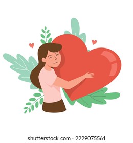 Hombre feliz con un gran corazón en sus manos, cuidado de sí mismo, amor propio