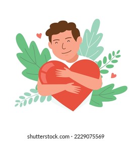 Hombre feliz con un gran corazón en sus manos, cuidado de sí mismo, amor propio