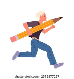 Happy man holding big pencil to write letter or draw, creative work of author. Tiny young confident male student character in white shirt standing with giant wooden pencil cartoon