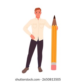 Happy man holding big pencil to write letter or draw, creative work of author. Tiny young confident male student character in white shirt standing with giant wooden pencil cartoon vector illustration