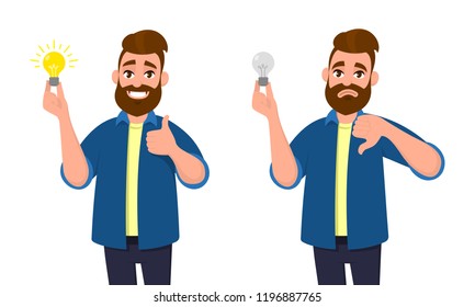 Happy man holding bright bulb and thumbs up gesture or sign. Unhappy man holding dull bulb and thumbs down gesture or sign. Idea, invention, innovation concept illustration in vector cartoon style.
