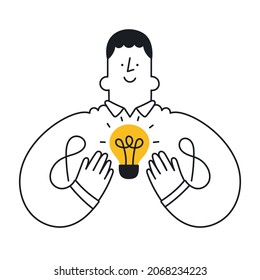 Happy man holding bulb. Concept of innovation, solution, problem solved, startup, creativity. Outline, linear, thin line, doodle art. Simple style with editable stroke.