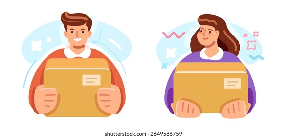 Happy man holding cardboard box. Young woman received purchase using delivery service