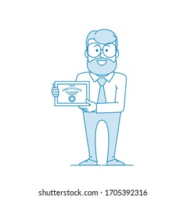 Feliz hombre con certificado. Confirmación de certificación. Carácter - un hombre con gafas y barba. Trabajador de oficina en un pantalones con corbata. Ilustración en estilo de arte en línea. Vector